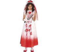 FIESTAS GUIRCA | Disfraz Bloody Wife Infantil (5-6/Años) - Vestido y Velo - Disfraces de Novia Sangrienta para Halloween, Carnaval y Fiestas de Terror - Ideal para Niñas - Blanco y Rojo
