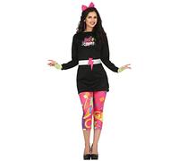 Fiestas Guirca Disfraz de Años 80 – Vestido negro manga larga y leggins rosa estampado Talla L 42-44