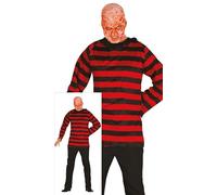 FIESTAS GUIRCA Disfraz de Asesino con Cara Quemada - Disfraz de Villano de Terror con Camisa Roja a Rayas - Disfraces de Halloween para Hombre Talla Adulto XL