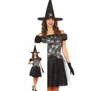 FIESTAS GUIRCA Disfraz de Bruja Araña Brillante para Mujer - Incluye Sombrero de Bruja y Vestido de Bruja Negro con Estampado de Telaraña - Disfraces de Halloween para Mujer Talla M
