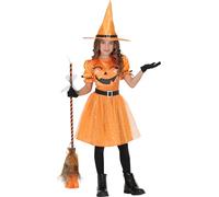 FIESTAS GUIRCA | Disfraz de Bruja Calabaza Infantil (7-9 Años) - Vestido, Sombrero y Cinturón - Disfraces de Halloween y Fiestas de Brujas para Niñas - Naranja y Negro