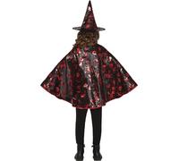 FIESTAS GUIRCA | Disfraz de Bruja Infantil - Sombrero y Capa | Set 2 Piezas | Talla 50 cm | Estampado Brillante | Poliéster Ligero | Negro y Rojo | Halloween, Carnaval, Fiestas