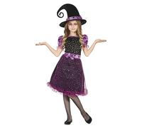 FIESTAS GUIRCA Disfraz de Bruja Lila Brillante - Vestido con Brillantes y Sombrero de Bruja para Niñas de 5-6 Años