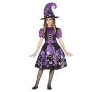 FIESTAS GUIRCA Disfraz de Bruja Lila - Vestido con Estampado y Sombrero de Bruja para Niñas de 7-9 Años