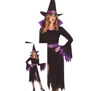 FIESTAS GUIRCA Disfraz de Bruja Mística para Mujer - Incluye Sombrero de Bruja Morado y Negro, Vestido con Abertura en la Pierna y cinturón - Disfraces de Halloween para Mujer Talla M