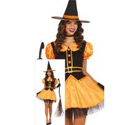 FIESTAS GUIRCA Disfraz de Bruja Naranja Encantada para Mujer - Incluye Sombrero de Bruja y Vestido Naranja con Estrellas Brillantes - Disfraces de Halloween para Mujer Talla L