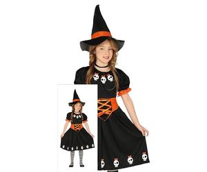 FIESTAS GUIRCA Disfraz de Bruja para Niña - Vestido de Bruja Negro y Naranja con Bonitas Calaveras y Gorro de Bruja - Disfraces de Halloween para Niñas de 3 a 4 años