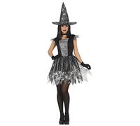 FIESTAS GUIRCA Disfraz de Bruja Telaraña Plateada - Vestido con Sombrero de Bruja - Disfraz Halloween Mujer Talla 36-38 S