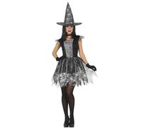 Fiestas Guirca Disfraz Bruja Telaraña Plateada Vestido y Sombrero Mujer Halloween 42-44 L