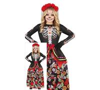 FIESTAS GUIRCA Disfraz de La Catrina - Vestido Largo Elegante y Diadema con Flores para Niñas de 7-9 Años