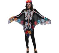 FIESTAS GUIRCA | Disfraz de Catrina Poncho para Mujer (42-44) - Ideal para Halloween, Día de Muertos y Oktoberfest - Disfraces de Calavera y Esqueleto para Fiestas - Negro