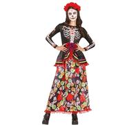 FIESTAS GUIRCA Disfraz de Catrina - Vestido Largo con Estampado Calaveras y Diadema con Flores para Mujer Adulta Talla M 38-40