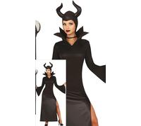 FIESTAS GUIRCA Disfraz de Hada Malévola Mujer - Sombrero de Hada Malvada con Cuernos y Vestido Sexy de Bruja Negra con Abertura en la Pierna - Disfraces de Halloween para Mujer Talla L