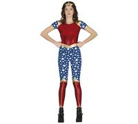 FIESTAS GUIRCA Disfraz de Heroína Estrella Adolescente - Atuendo de Chica Maravilla con Mono en Rojo Metálico, Azul y Dorado para Chicas de 14-16 Años