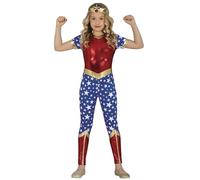 FIESTAS GUIRCA Disfraz de Heroína Estrella Niña - Atuendo Infantil de Chica Maravilla con Mono en Rojo Metálico, Azul y Dorado para Niñas de 10-12 Años