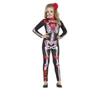 FIESTAS GUIRCA Disfraz de La Catrina - Mono Largo con Estampado de Esqueleto, Flores y Joyas para Niñas de 7-9 Años