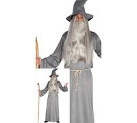 FIESTAS GUIRCA Disfraz Mago Poderoso - Túnica Hechicero Gris con Gorro - Disfraz Brujo Hombre Talla M 48-50