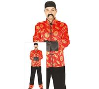 FIESTAS GUIRCA | Disfraz de Mandarín Adulto (52-54/L) - Chaqueta, Gorro y Pantalón - Disfraces Asiáticos para Fiestas Temáticas, Carnaval y Halloween - Ideal para Hombre - Rojo y Negro