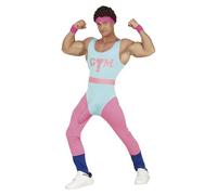 FIESTAS GUIRCA Disfraz de Monitor de Aeróbic Cachondo Años 80 con Sorpresa - Disfraz Divertido Instructor de Gimnasia Color Rosa y Azul Cielo con Pene para Hombre Adulto Talla L 52-54