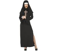 Fiestas Guirca – Disfraz de Monja – Toca y hábito negro sexy con abertura en pierna – Talla L 42-44
