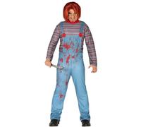 FIESTAS GUIRCA Disfraz de Muñeca Asesina para Hombre - Disfraz de Juguete Malvado con Mono Azul - Disfraces de Halloween para Hombre Talla Adulto XL