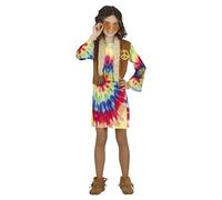 FIESTAS GUIRCA Disfraz de Niña Hippie - Atuendo Infantil Años 70 con Vestido Multicolor de Tie-Dye y Chaleco para Niñas de 7-9 Años