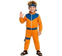 FIESTAS GUIRCA Disfraz de Ninja Estilo Manga Niño - Atuendo Infantil de Guerrero Japones con Mono Gimnasta Naranja y Azul para Niños de 7-9 Años