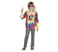 FIESTAS GUIRCA Disfraz de Niño Hippie - Atuendo Infantil Años 70 con Camiseta Multicolor de Tie-Dye, Chaleco y Pantalón para Niños de 7-9 Años