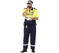 Fiestas Guirca – Disfraz Policía Local Hombre – Uniforme azul y amarillo con gorro – Talla XL 56-58