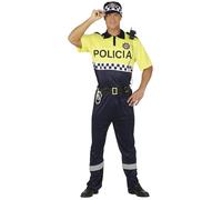 FIESTAS GUIRCA Disfraz de Policía Local Hombre - Uniforme de Policía Azul y Amarillo con Gorro de Policía - Disfraz de Policía Hombre Talla XL 56-58