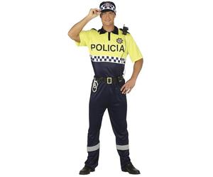 FIESTAS GUIRCA Disfraz de Policía Local Hombre - Uniforme de Policía Azul y Amarillo con Gorro de Policía - Disfraz de Policía Hombre