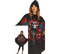 FIESTAS GUIRCA Disfraz de Poncho Día de los Muertos para Mujer - Poncho Negro con Estampado de Calaveras - Disfraces de Halloween para Mujer Talla L