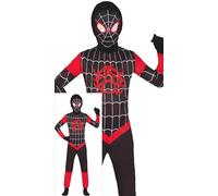 FIESTAS GUIRCA Disfraz de Spider Hero para niño - Traje de Super Araña Rojo y Negro con Máscara y Mono - Disfraces para niños - Niños de 7 a 9 años