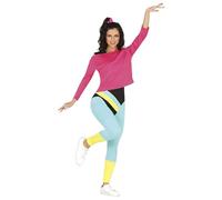 FIESTAS GUIRCA Disfraz de Traje Gimnasta Años 80 - Atuendo con Camiseta Rosa y Mono Multicolor Instructora de Gimnasia para Mujer Adulta Talla M 38-40