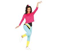 FIESTAS GUIRCA Disfraz de Traje Gimnasta Años 80 - Atuendo con Camiseta Rosa y Mono Multicolor Instructora de Gimnasia para Mujer Adulta Talla M 38-40