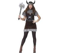 FIESTAS GUIRCA | Disfraz de Vikinga para Mujer (36-38/S) - Vestido, Cinta de Cabeza, Cinturón y Cuernos - Disfraces de Guerrera Nórdica para Halloween, Carnaval y Fiestas de Vikingos - Marrón y Gris