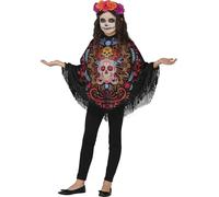 FIESTAS GUIRCA | Disfraz Día de los Muertos Poncho Infantil (7-9/Años) - Poncho para Niñas - Disfraces de Halloween, Carnaval y Fiestas de Disfraces - Ideal para Celebraciones de Animales - Negro