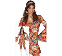 FIESTAS GUIRCA Disfraz Flower Power Mujer - Vestido Hippie Corto Años 70 con Estampado de Flores y Diadema Hippie - Disfraces Disco Años 60 para Mujer Talla S
