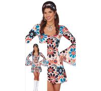 FIESTAS GUIRCA Disfraz Hippie de Flores Mujer - Vestido Hippie Corto Años 70 con Estampado de Flores y Diadema Hippie - Disfraces Disco Años 60 para Mujer Talla S