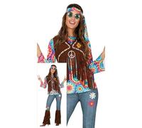 Fiestas Guirca - Disfraz de Hippie Mujer - Camiseta, Chaleco, Cinta y Pantalón - Talla M (38-40)