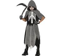 FIESTAS GUIRCA | Disfraz Skeleton Reaper Infantil (5-6 Años) - Capa, Capucha y Vestido - Disfraces de Esqueleto para Halloween, Carnaval y Fiestas de Disfraces - Ideal para Niñas - Negro y Gris