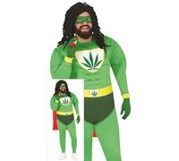 FIESTAS GUIRCA | Disfraz Superhéroe Marihuana Adulto (56-58/XXL) - Antifaz, Capa, Cinturón, Guantes y Mono - Disfraces de Superhéroes para Bachelor Party, Carnaval y Fiestas - Hombre - Verde y Rojo