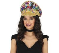FIESTAS GUIRCA | Gorra de Policía Oro Love con Pedrería (Talla Única) - Accesorio de Disfraz para Despedida de Soltero y Fiestas Pride - Ideal para Adultos Unisex - Oro Multicolor