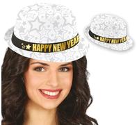 FIESTAS GUIRCA | Gorro Gangster Happy New Year Multicolor (Talla Única Adulto) - Sombrero para Fiestas de Fin de Año y Celebraciones - Accesorio de Disfraz para Adultos - Ideal para Año Nuevo - Blanco
