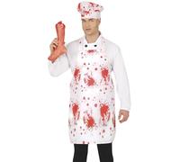 FIESTAS GUIRCA | Gorro y Delantal con Sangre Falsa (55x70 cm) - Accesorio de Disfraz de Cocinero para Halloween y Fiestas de Terror - Adulto Unisex - Blanco y Rojo