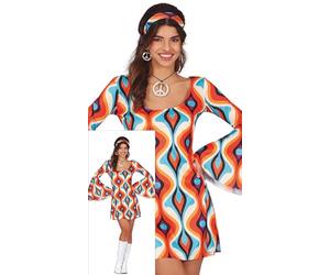 FIESTAS GUIRCA Groovy Disfraz Hippie Mujer - Vestido Hippie Corto Años 70 con Diadema Hippie - Disfraces Disco Años 60 para Mujer Talla L