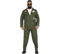 FIESTAS GUIRCA Hunky Fighter Jet Pilot Hombre Disfraz - Mono Aviador Verde Oscuro Disfraz Hombre Talla XXL 56-58