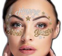 FIESTAS GUIRCA | Joyas Faciales Adhesivas Happy New Year - Maquillaje y Accesorios de Fiesta - Ideal para Navidad, Año Nuevo, Carnaval y Fiestas de Disfraces - Para Niños y Adultos - Oro y Plata