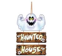 FIESTAS GUIRCA | Letrero Haunted House de Madera (32x21 cm) - Decoración de Pared, Puerta y Ventana para Halloween y Fiestas de Fantasmas - Ideal para Celebraciones de Miedo - Marrón y Blanco