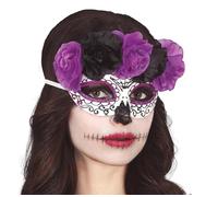 FIESTAS GUIRCA | Máscara para Disfraz Catrina Adulto Mujer - Flores Negras | Estilo Llamativo | Motivos Florales | Banda Elástica | Poliéster y PVC | Halloween, Carnaval, Día de Muertos